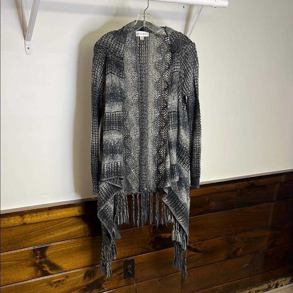 Knox Rose‎ Gray Fringe Open-Front Sweater- XS